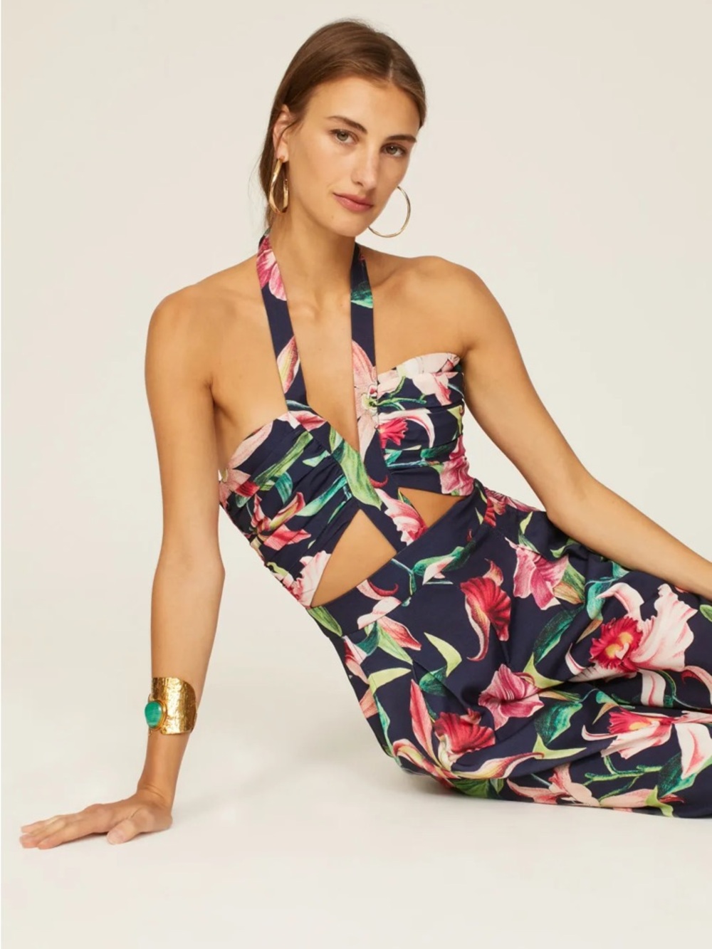 PatBO Laelia Cutout Jumpsuit Floral Halter Wide-Leg Jumpsuit in Midnight - Picture 2 of 10